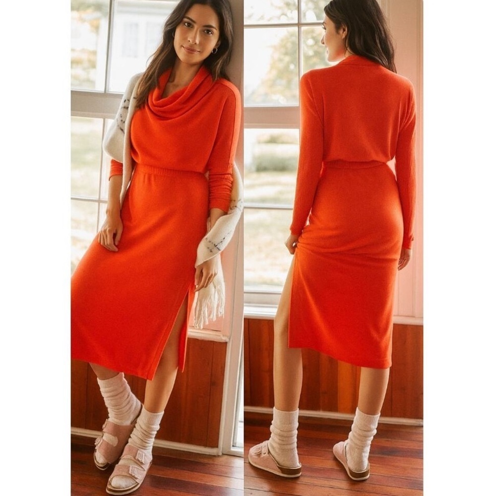 Anthropologie daily practice, orange draped, cowl neck, maxi dress